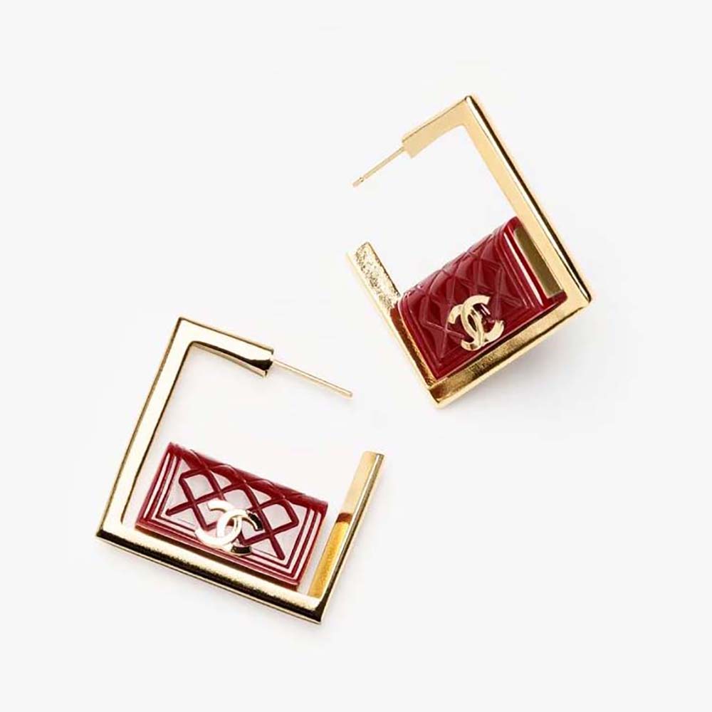 Chanel Women Hoop Earrings in Metal and Resin-Red