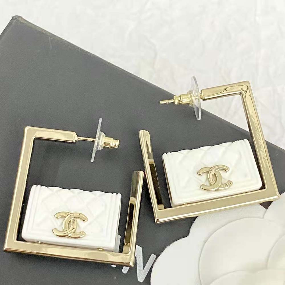 Chanel Women Hoop Earrings in Metal and Resin-White