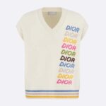 Pull sans manches Dior Homme CD beige en laine et cachemire intarsia, col en V, ourlet rayé