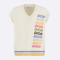 Dior Men CD Sleeveless Sweater Beige Wool Cashmere Intarsia V-Neckline Striped Hem (11)