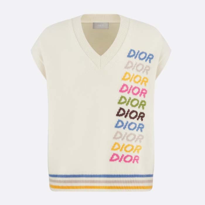 Dior Men CD Sleeveless Sweater Beige Wool Cashmere Intarsia V-Neckline Striped Hem
