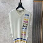 Dior Men CD Sleeveless Sweater Beige Wool Cashmere Intarsia V-Neckline Striped Hem – Image 2