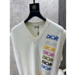 Dior Men CD Sleeveless Sweater Beige Wool Cashmere Intarsia V-Neckline Striped Hem – Image 5