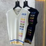 Dior Men CD Sleeveless Sweater Beige Wool Cashmere Intarsia V-Neckline Striped Hem – Image 4