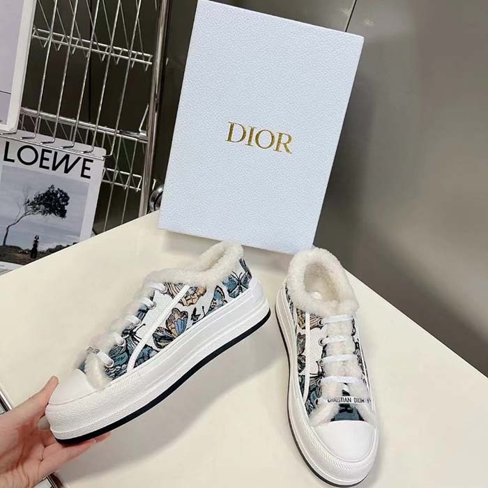 Dior Unisex CD Walk’N’Dior Platform Sneaker Pastel Midnight Blue Multicolor Embroidered Cotton Toile De Jouy Mexico Motif