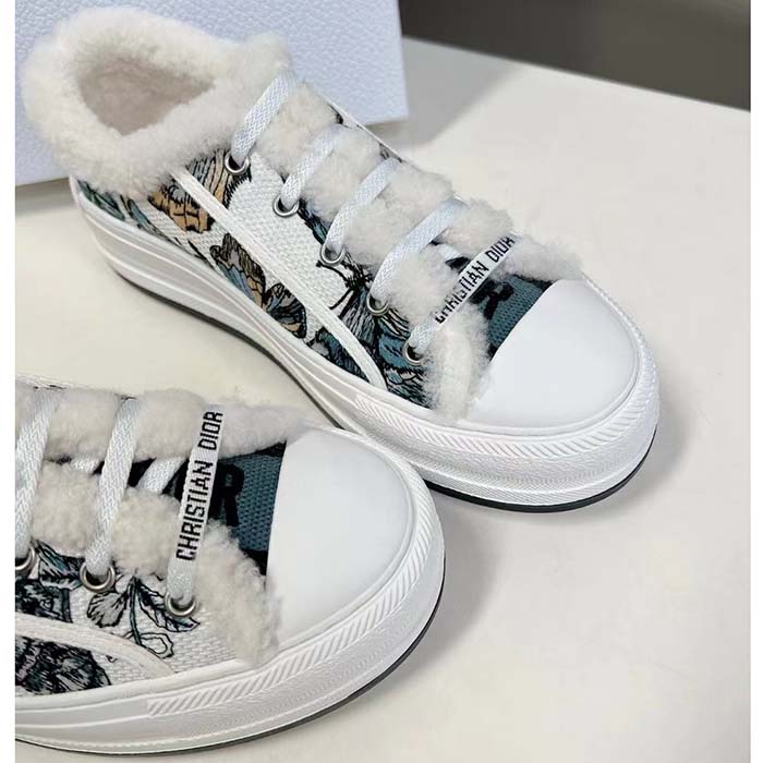 Dior Unisex CD Walk’N’Dior Platform Sneaker Pastel Midnight Blue Multicolor Embroidered Cotton Toile De Jouy Mexico Motif