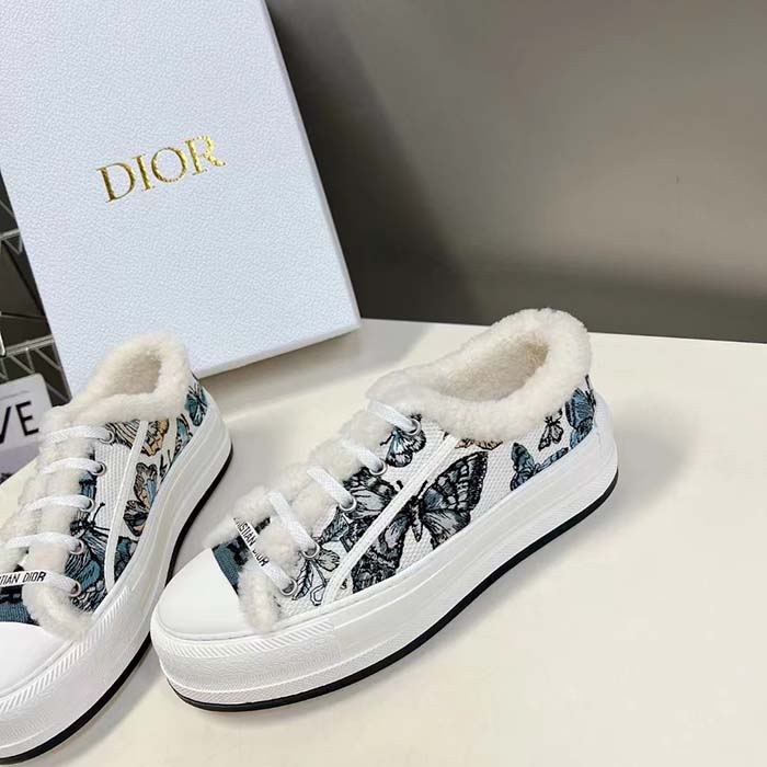 Dior Unisex CD Walk’N’Dior Platform Sneaker Pastel Midnight Blue Multicolor Embroidered Cotton Toile De Jouy Mexico Motif