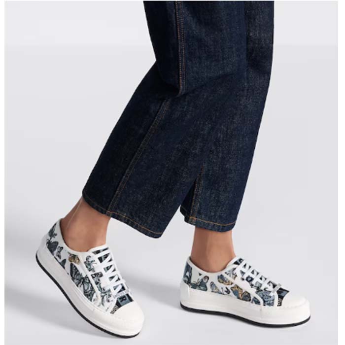 Dior Unisex CD Walk’N’Dior Platform Sneaker Pastel Midnight Blue Multicolor Embroidered Cotton Toile De Jouy Mexico Motif