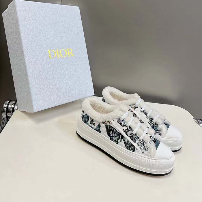 Dior Unisex CD Walk’N’Dior Platform Sneaker Pastel Midnight Blue Multicolor Embroidered Cotton Toile De Jouy Mexico Motif