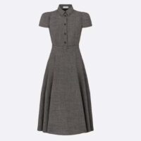 Dior Women CD Belted Mid-Length Dress Gray Virgin Wool Tweed