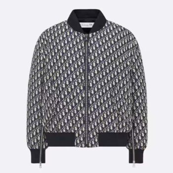 Dior Women CD Bomber Jacket Blue Technical Taffeta Jacquard Dior Oblique Motif