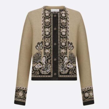 Dior Women CD Cardigan Beige Black Virgin Wool Cotton Jacquard Butterfly Bandana Motif