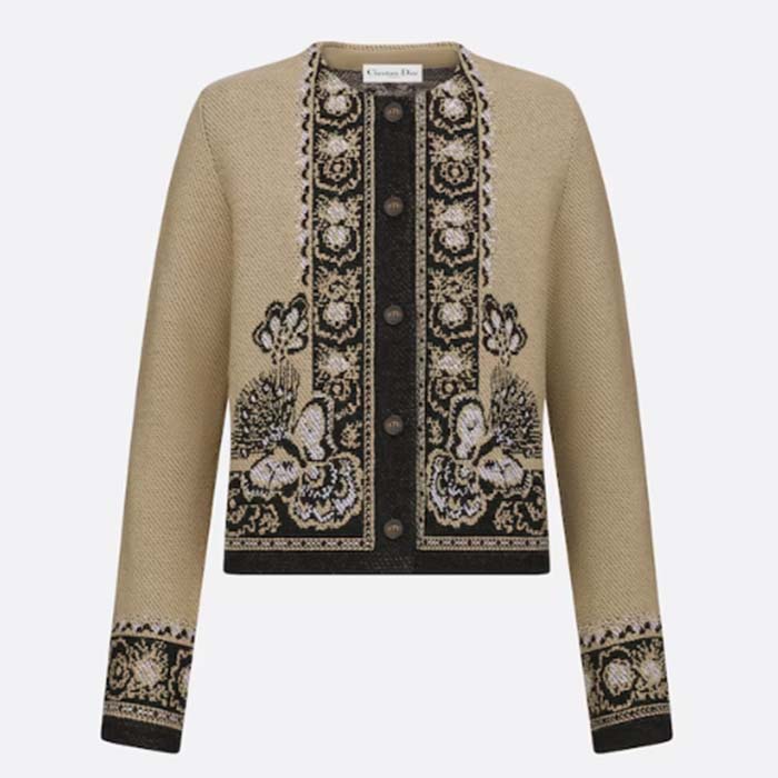 Dior Women CD Cardigan Beige Black Virgin Wool Cotton Jacquard Butterfly Bandana Motif