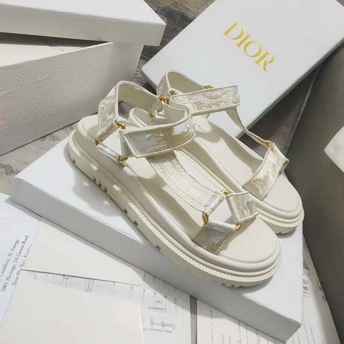 Dior Women CD D-Wave Sandal White Gold-Tone Gradient Butterflies Embroidered Cotton Metallic Thread