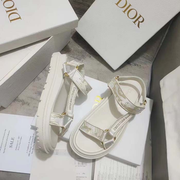 Dior Women CD D-Wave Sandal White Gold-Tone Gradient Butterflies Embroidered Cotton Metallic Thread
