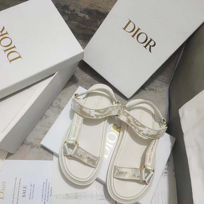 Dior Women CD D-Wave Sandal White Gold-Tone Gradient Butterflies Embroidered Cotton Metallic Thread