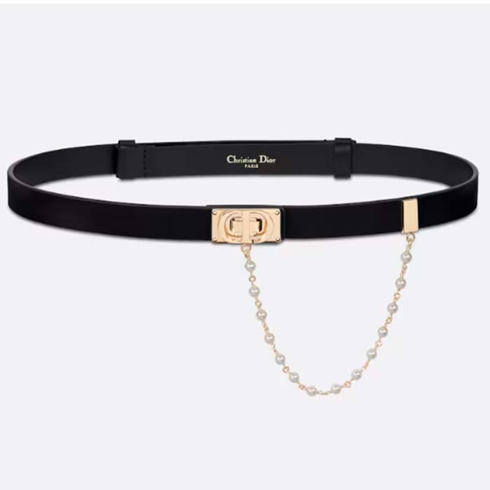 Dior Women CD Dior Caro Belt Black Smooth Calfskin White Glass Pearls 20 MM Width