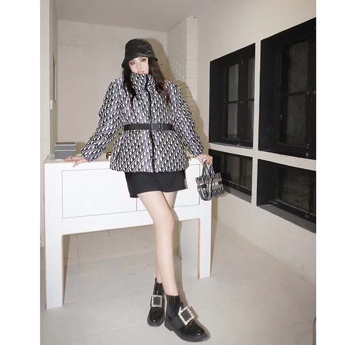 Dior Women CD DiorAlps Puffer Jacket Belt Blue Quilted Technical Taffeta Dior Oblique Motif