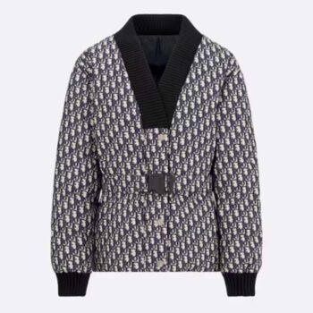 Dior Women CD DiorAlps Reversible Belted Jacket Blue Quilted Technical Taffeta Jacquard Dior Oblique Motif