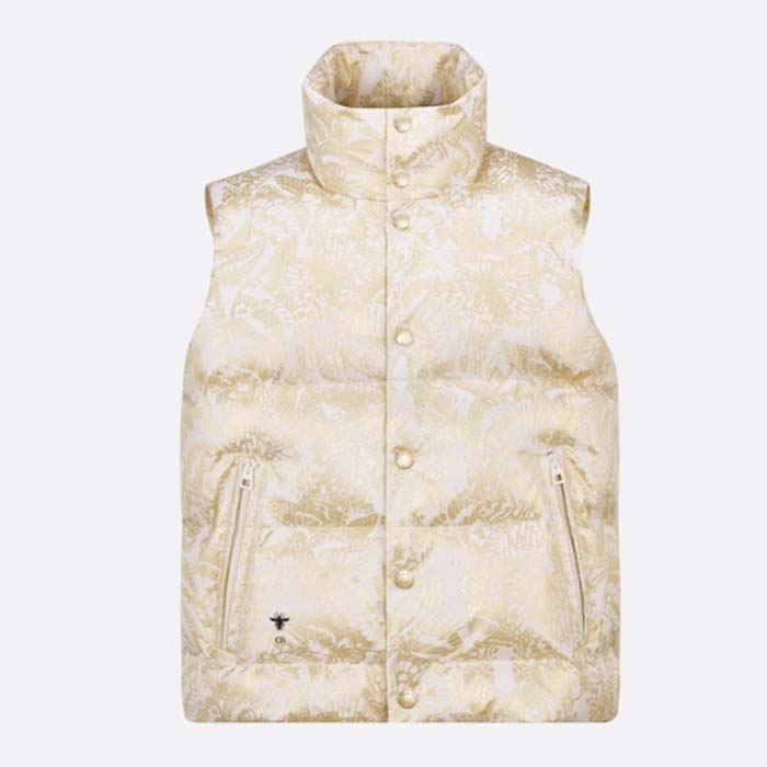 Dior Women CD Dioralps Puffer Vest White Quilted Technical Taffeta Gold-Tone Allover Butterfly Motif