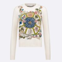 Dior Women CD Embroidered Sweater White Cashmere Knit Multicolor Tarot La Roue De La Fortune (1)