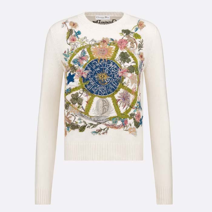 Dior Women CD Embroidered Sweater White Cashmere Knit Multicolor Tarot La Roue De La Fortune