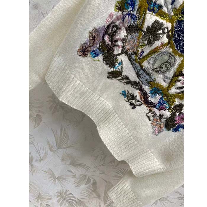 Dior Women CD Embroidered Sweater White Cashmere Knit Multicolor Tarot La Roue De La Fortune (10)