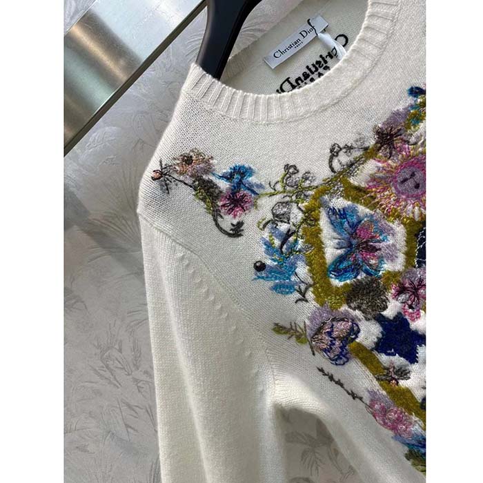 Dior Women CD Embroidered Sweater White Cashmere Knit Multicolor Tarot La Roue De La Fortune (11)