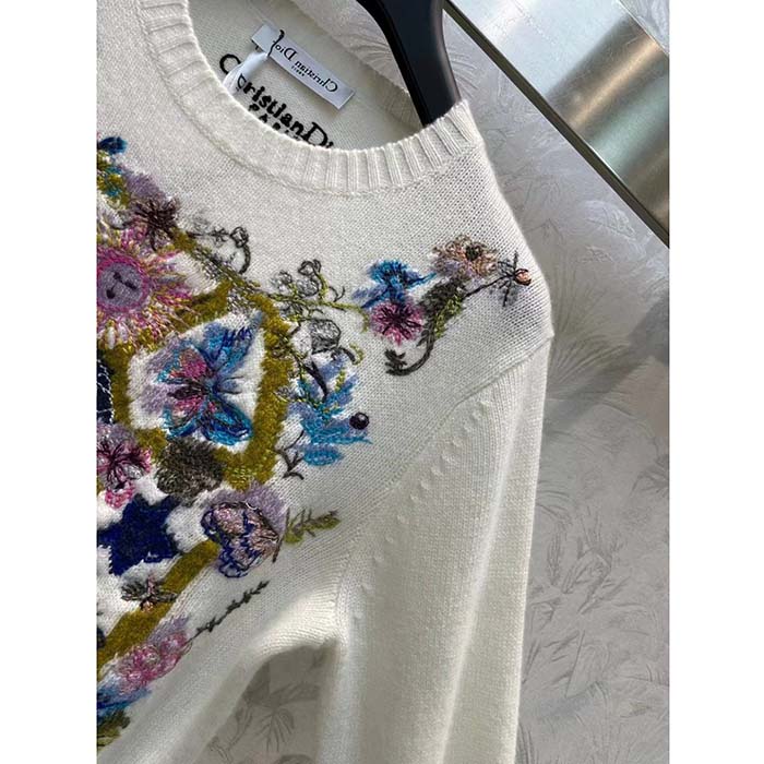 Dior Women CD Embroidered Sweater White Cashmere Knit Multicolor Tarot La Roue De La Fortune (14)