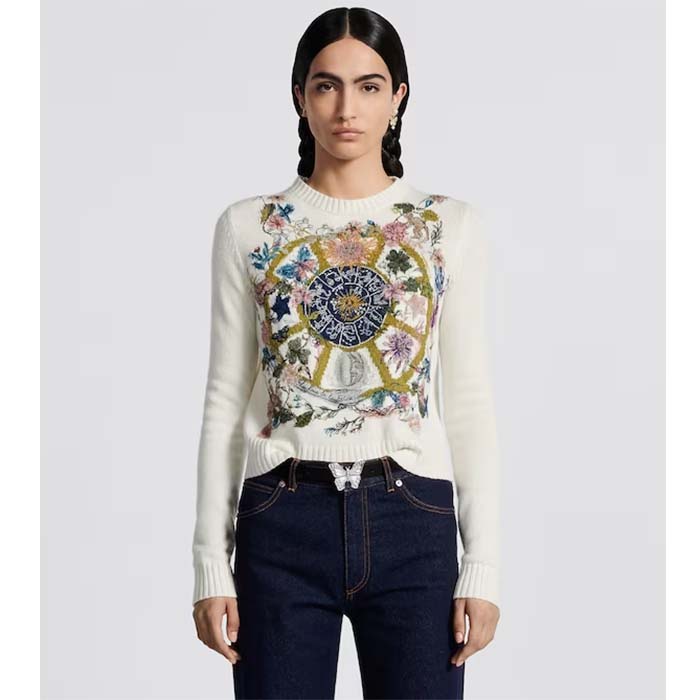 Dior Women CD Embroidered Sweater White Cashmere Knit Multicolor Tarot La Roue De La Fortune