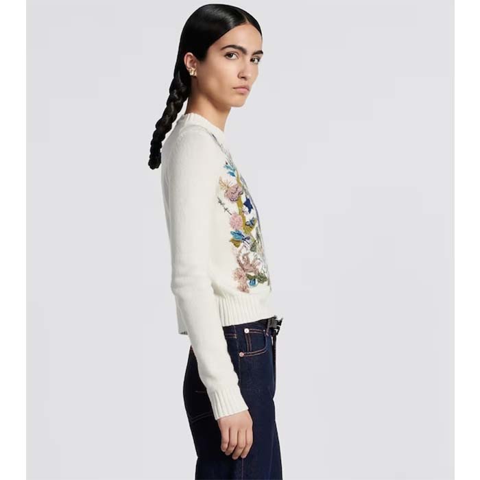 Dior Women CD Embroidered Sweater White Cashmere Knit Multicolor Tarot La Roue De La Fortune