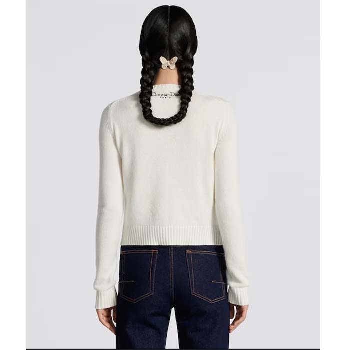 Dior Women CD Embroidered Sweater White Cashmere Knit Multicolor Tarot La Roue De La Fortune