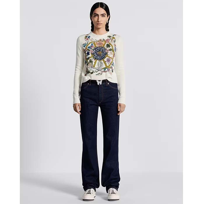 Dior Women CD Embroidered Sweater White Cashmere Knit Multicolor Tarot La Roue De La Fortune