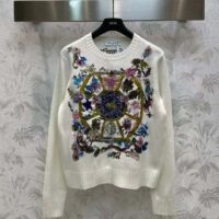 Dior Women CD Embroidered Sweater White Cashmere Knit Multicolor Tarot La Roue De La Fortune (1)