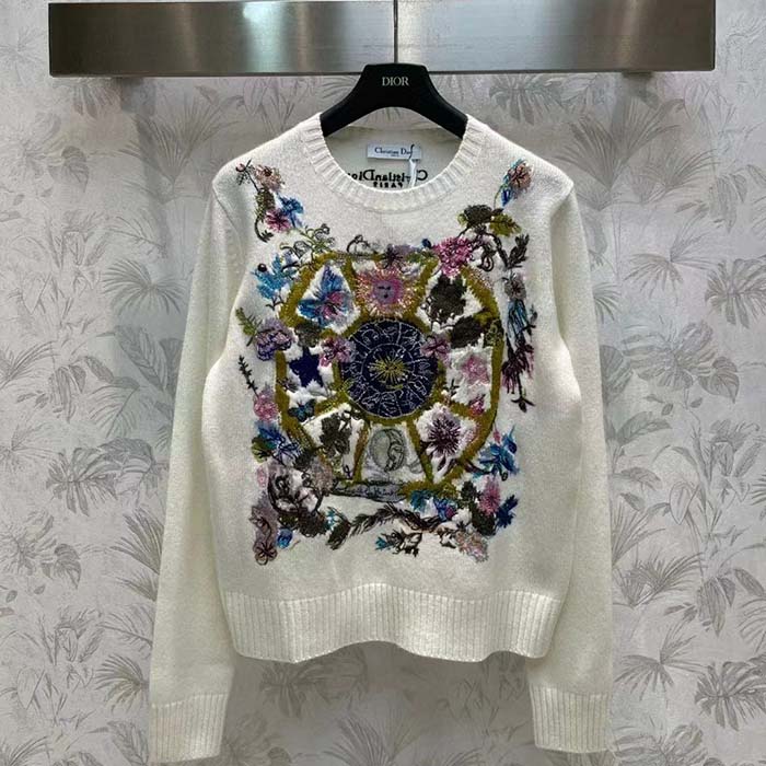 Dior Women CD Embroidered Sweater White Cashmere Knit Multicolor Tarot La Roue De La Fortune (7)