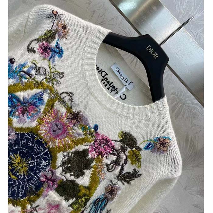 Dior Women CD Embroidered Sweater White Cashmere Knit Multicolor Tarot La Roue De La Fortune (8)