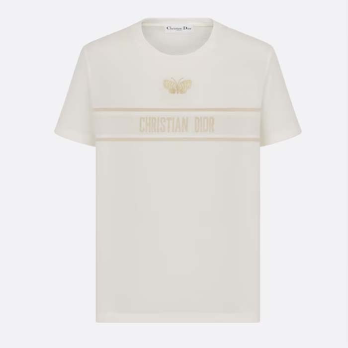 Dior Women CD Embroidered T-Shirt White Cotton Jersey Gold-Tone Signature