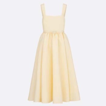 Dior Women CD Mid-Length Belted Dress Ecru Wool Silk Shantung