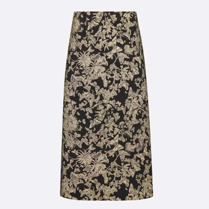 Dior Women CD Mid-Length Flared Skirt Black Technical Jacquard Gold-Tone Allover Butterfly Motif