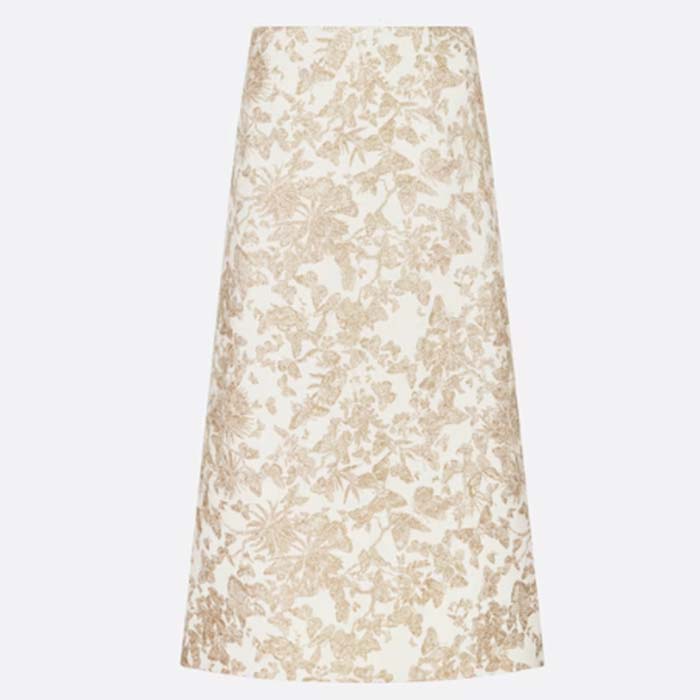 Dior Women CD Mid-Length Flared Skirt White Technical Jacquard Gold-Tone Allover Butterfly Motif