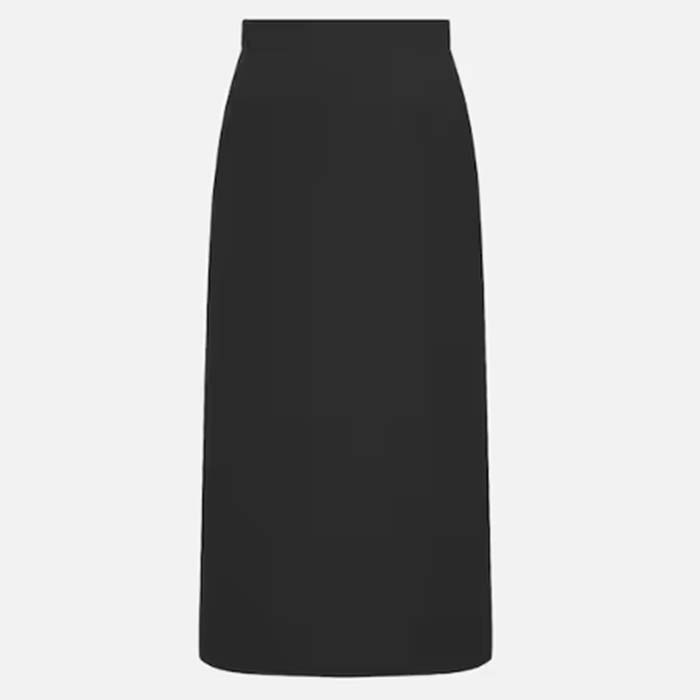 Dior Women CD Mid-Length Straight-Cut Skirt Black Wool Silk Waistband Side Vents