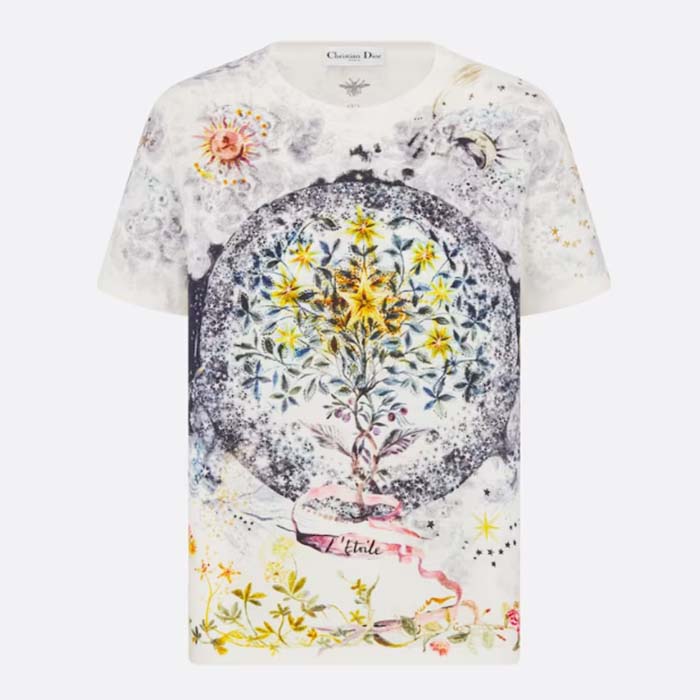 Dior Women CD T-Shirt White Cotton Jersey Multicolor Tarot L'Étoile Motif