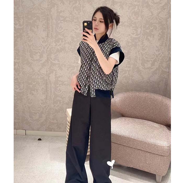 Dior Women CD Vest Blue Dior Oblique Technical Taffeta Embroidered Bee Emblem