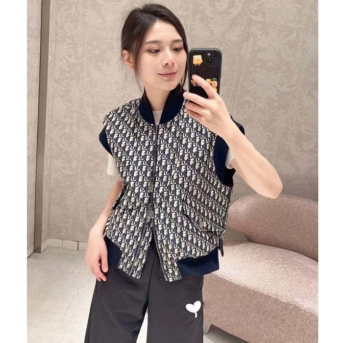 Dior Women CD Vest Blue Dior Oblique Technical Taffeta Embroidered Bee Emblem