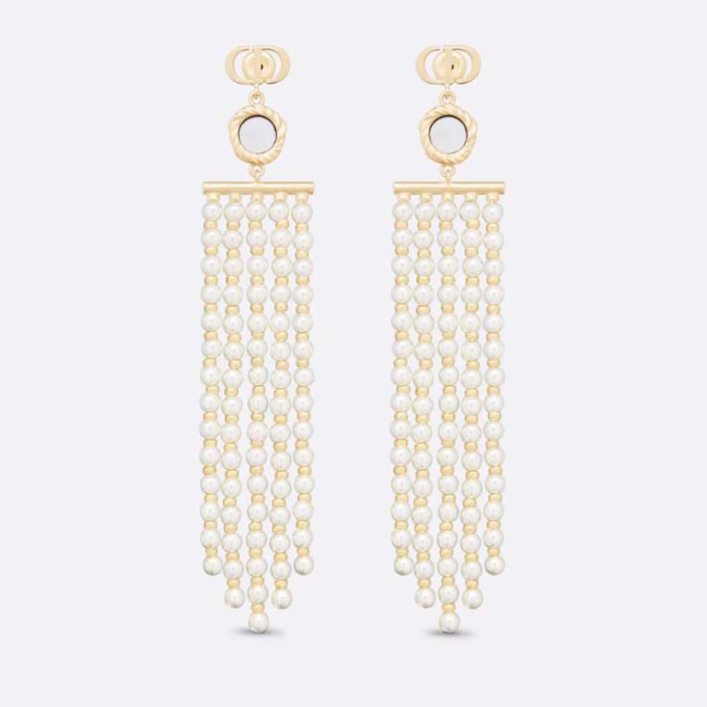 Dior Women La Parisienne Earrings Gold-Finish Metal with White Resin Pearls and Mirrors