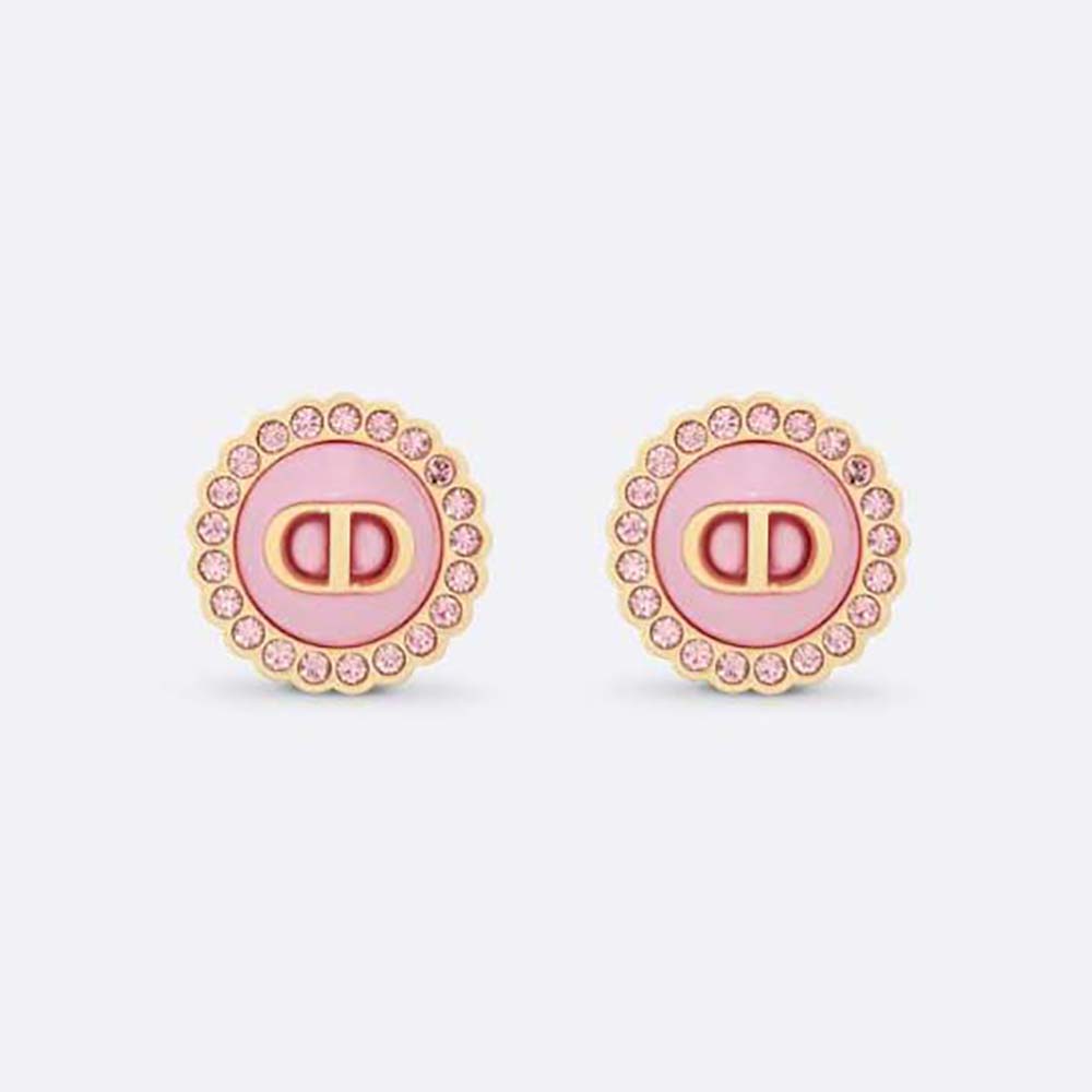 Dior Women Petit CD Stud Earrings Gold-Finish Metal Pink Crystals and Light Pink Glass