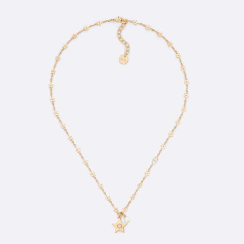 Collana Dior da donna con stella in metallo finitura oro con perla in resina bianca e specchio