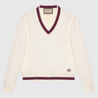 Gucci GG Men Cotton Knit V-Neck Sweater Web Ivory Interlocking G Patch Long Sleeves (1)