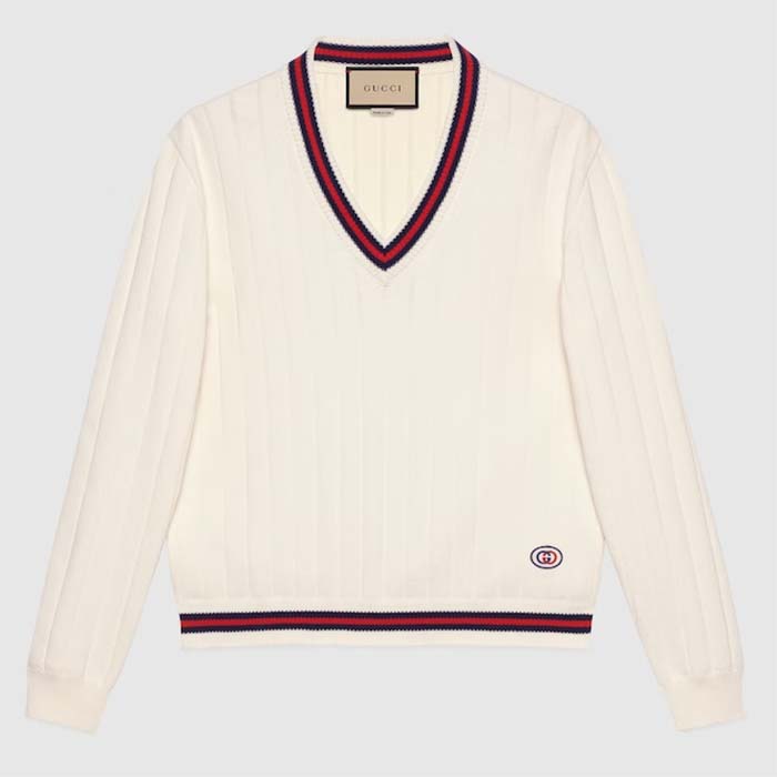 Gucci GG Men Cotton Knit V-Neck Sweater Web Ivory Interlocking G Patch Long Sleeves