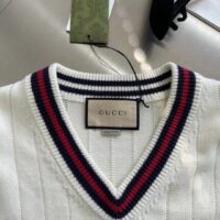 Gucci GG Men Cotton Knit V-Neck Sweater Web Ivory Interlocking G Patch Long Sleeves (1)